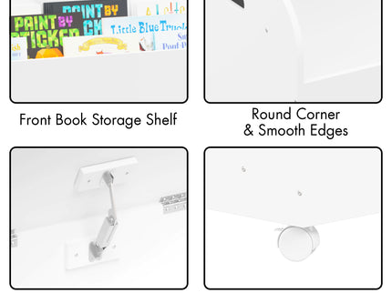 Toy Box With 4 Universal Wheels, Kids Playroom Storage Organizer With Front Bookshelf, Flip Top Lid, Safety Hinge - White