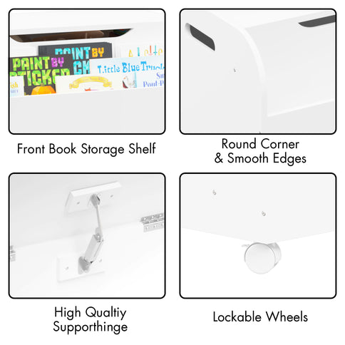 Toy Box With 4 Universal Wheels, Kids Playroom Storage Organizer With Front Bookshelf, Flip Top Lid, Safety Hinge - White