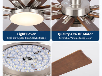 Large Ceiling Fan With Dimmable LED Light 8 Blades Remote Control, Reversible DC Motor