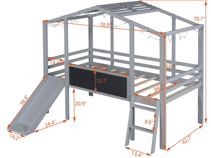 Loft House Bed With Ladder And Slide, With board And Light Strip On The Roof