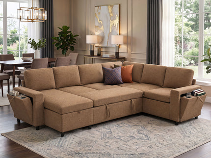 U - Shaped Convertible Sectional Sofa Bed With Storage, USB Charger & Cup Holders
