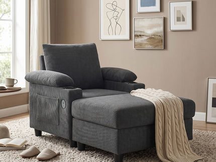 Accent Chair With Storage Ottoman, Reclining Single Chaise Lounge With Cupholders And USB, C Ports
