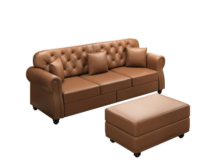 Upholstered Sofa With Nailhead Trim, Rolled Armrests With Ottoman