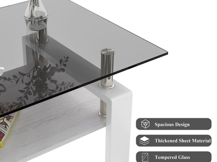 Modern Rectangular Coffee Table With Tempered Transparent Glass Top And Storage Shelf
