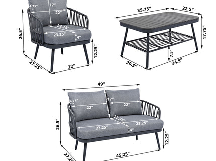 4 Piece Outdoor Patio Furniture Set, Metal Chairs With Woven Rope U Shaped Backrest