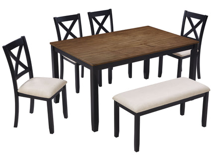 6 Piece Dining Table Set With Bench - Beige / Black / Oak