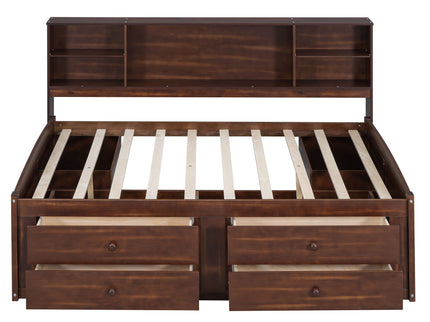 Full Size Captain Bed With Built In Storage Shelves, 4 Drawers And 2 Cabinets - Antique Brown