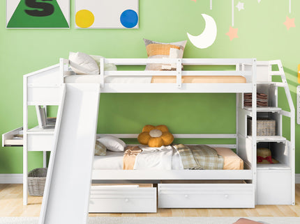 Bunk Bed With Storage Staircase, Slide, Desk, Drawers, And Shelves