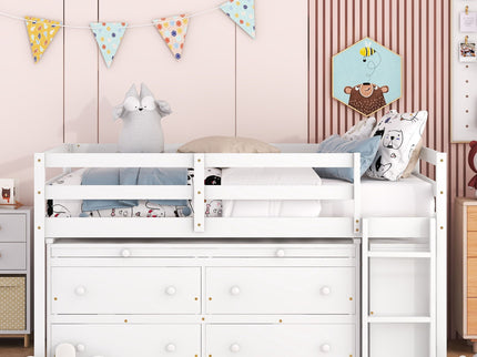Loft Bed With Retractable Writing Desk And 4 Drawers, With Lateral Portable Desk And Shelves