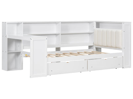 Platform Bed With Upholstered Headboard, Storage Shelves, Drawers, Charging Station, LED Lighting, Built In Desk