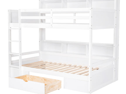 Twin Size Bunk Bed With Built-In Shelves Beside Both Upper And Down Bed And Storage Drawer