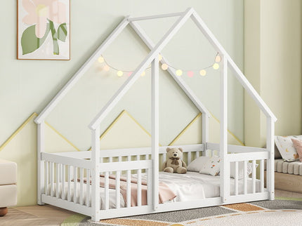 Wood House-Shaped Floor Bed With Fence, Guardrails