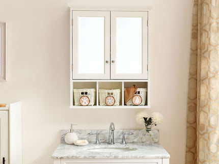Bathroom Storage Cabinet, Medicine Cabinets For Bathroom With Mirror, 2 Doors 2 Adjustable Shelf & 3 Christmas Style Storage Basket - White