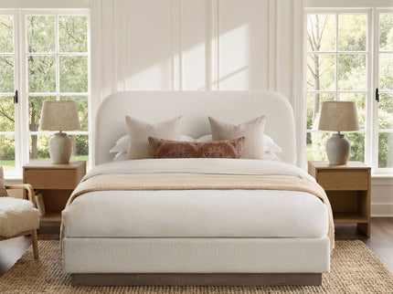 Linton - Queen Size Upholstered Platform Bed - Cream White / Light Grey / Camel Oak
