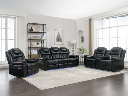 3 Pieces Recliner Sofa Sets Home Theater Seating Manual Recliner Chair With Center Console And LED Light Strip For Living Room