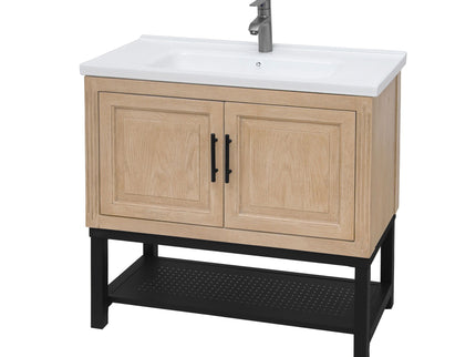 Modern Freestanding Bathroom Vanity With Ceramic Sink, Hot And Cold Faucet, Storage Cabinet & Open Shelf