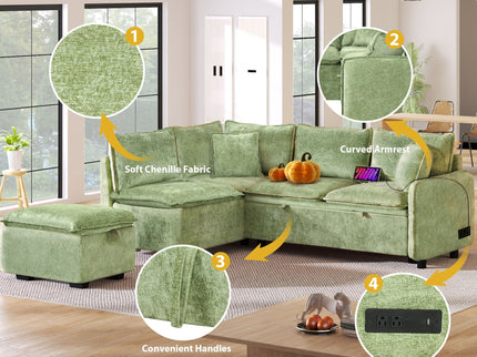 Convertible Sofa Bed Sectional Sofa Sleeper L-Shaped Sofa With A Storage Ottoman, Two Pillows, Two Power Sockets And Two USB Ports For Living Room