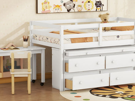 Loft Bed With Retractable Writing Desk And 4 Drawers, With Lateral Portable Desk And Shelves
