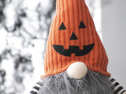 Sitting Gnome With Knit Hat, For Halloween Decor - Black / Orange / White