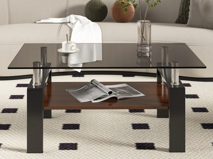 Modern Rectangular Coffee Table With Tempered Transparent Glass Top And Storage Shelf