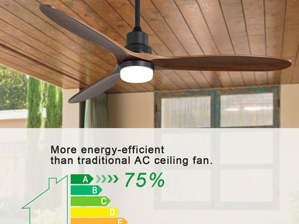 Ceiling Fan With Lights 3 Solid Wood Fan Blade Noiseless Reversible Motor Remote Control - Black