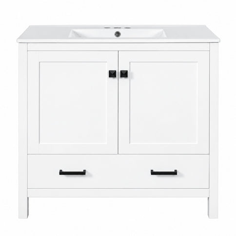 Bathroom Vanity With Sink, Soft Close Doors, Double Storage Shelves & Divided Drawer Ample Storage - White