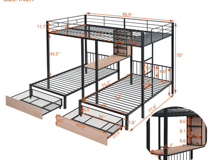 Triple Bunk Bed With Drawers, Multi-Functional Frame With Desks And Shelves In The Middle