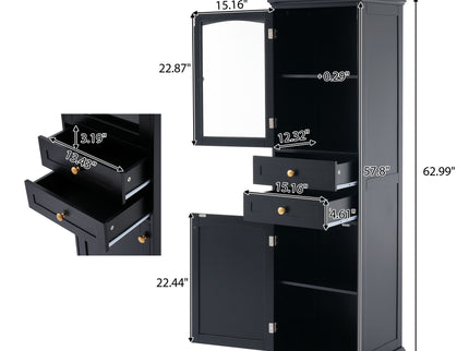 Tall Bathroom Storage Cabinet With Glass Doors, Free-Standing, Two Drawers, And Adjustable Shelves, Board, Painted Perfect For Displaying Your Favorite Items