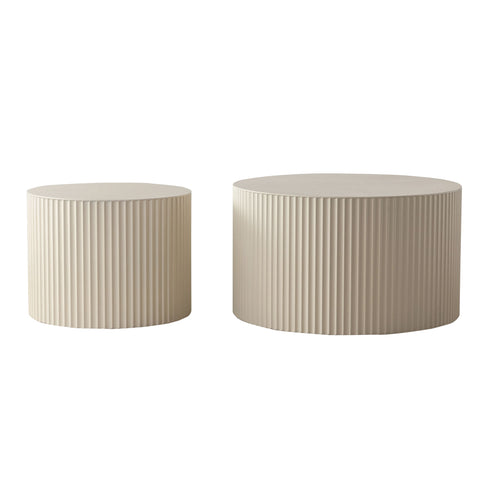 Drum Nesting Coffee Table With Wave Stripe Design For Living Room (Set of 2) - Beige / White