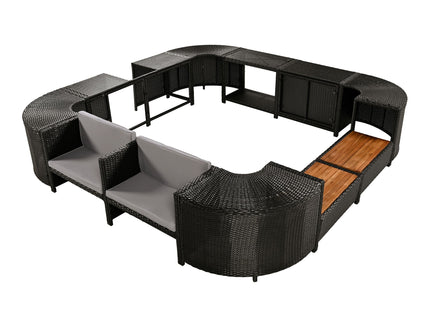 Spa Surround Spa Frame Quadrilateral Outdoor Rattan Sectional Sofa Set With Mini Sofa, Wooden Seats And Storage Spaces