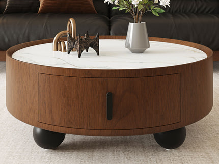 Round Coffee Table With Ball Feet, Pull Handle Storage Drawer - Bouguer Walnut / Brown