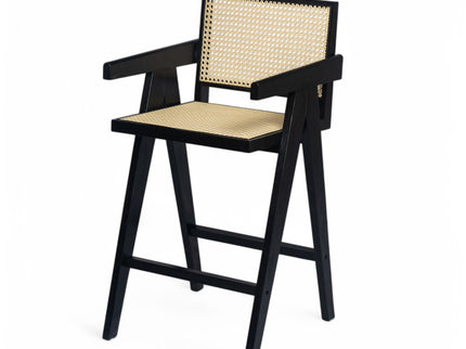 Modern Minimalist Bar Stool With Cane Seat - Black / Natural