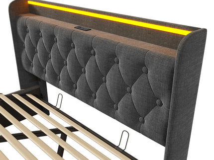 Upholstered Bed, 360 Surround LED Function, Remote Control, Hydraulic Storage Bed With USB, Type-C Charging (Without Mattress)