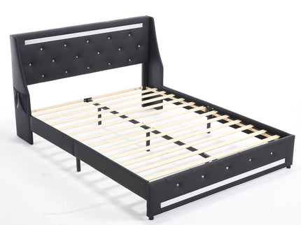 Wingback Upholstered Bed Frame With LED Lights, Charging Station