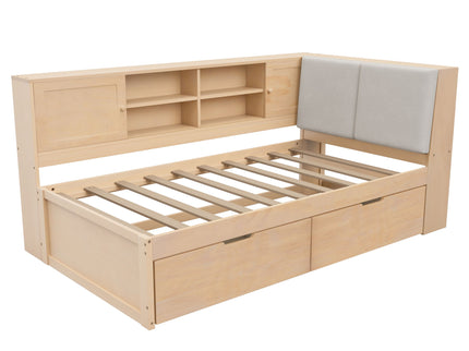 Twin L - Shaped Daybed With Storage Bookcase, Upholstered Headboard, USB Charging Ports & Hidden Drawers - Natural