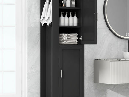 Tall Freestanding Bathroom Storage Cabinet With Adjustable Shelves And Side Hooks