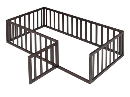Twin Size Floor Bed Frame With Fence And Door - Walnut