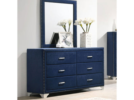 6 Drawer Upholstered Dresser With Mirror - Blue