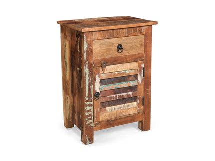 Recycled Wood Side Table With Drawer And Door - Natural