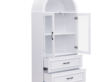 Arched Top Storage Cabinet With Fixed 2 Tier Shelves, 2 Large Drawers