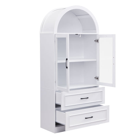 Arched Top Storage Cabinet With Fixed 2 Tier Shelves, 2 Large Drawers