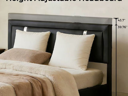 Upholstered Platform Bed Frame With Adjustable LED Headboard, USB C-Charging, Hydraulic Lift