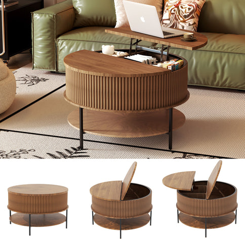 Lift Top Coffee Table, Round Storage Cocktail Table With Reinforced Legs, Safe Rounded Design - Brown