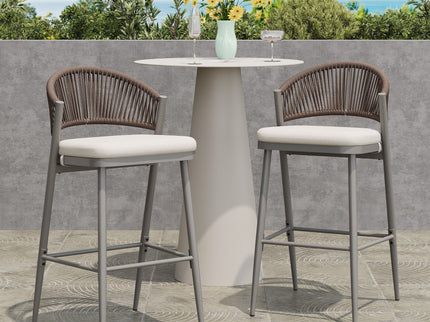 Outdoor Bar Height Metal Frame Counter Stools With Scallop Shaped Backrest & Water Resistant Cushions