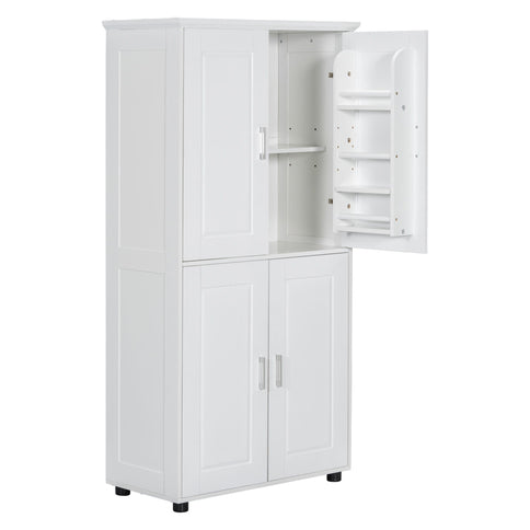 Tall And Wide Bathroom Floor Storage Cabinet With 4 Doors, Adjustable Shelves - White
