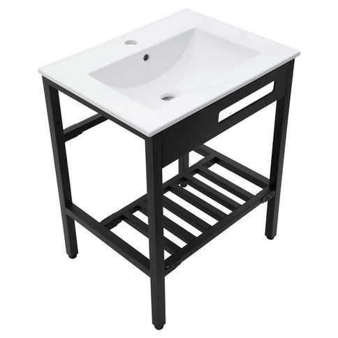 Console Sink With Legs, 24" X 18", Durable Porcela With Frame - White / Black