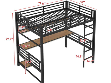 Full Size Loft Bed Frame With Storage Shelf And LED Light - Black