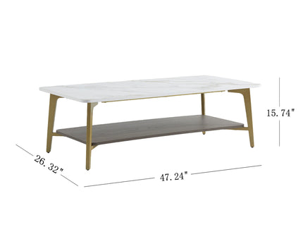 Coffee Table Rectangular Center Table For Living Room Open Space Side Table With Metal Frame - Golden / White