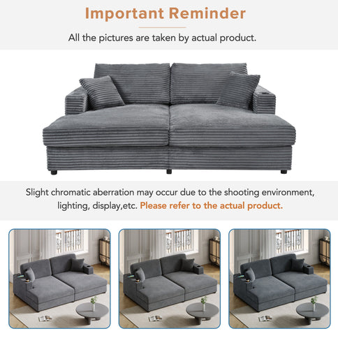Oversized Loveseat Chaise With 2 USB Ports, 2 Cup Holders And 2 Throw Pillows