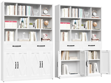 Bookcase Tall With 2 Doors & 2 Drawers, Fixed Open Shelves - White